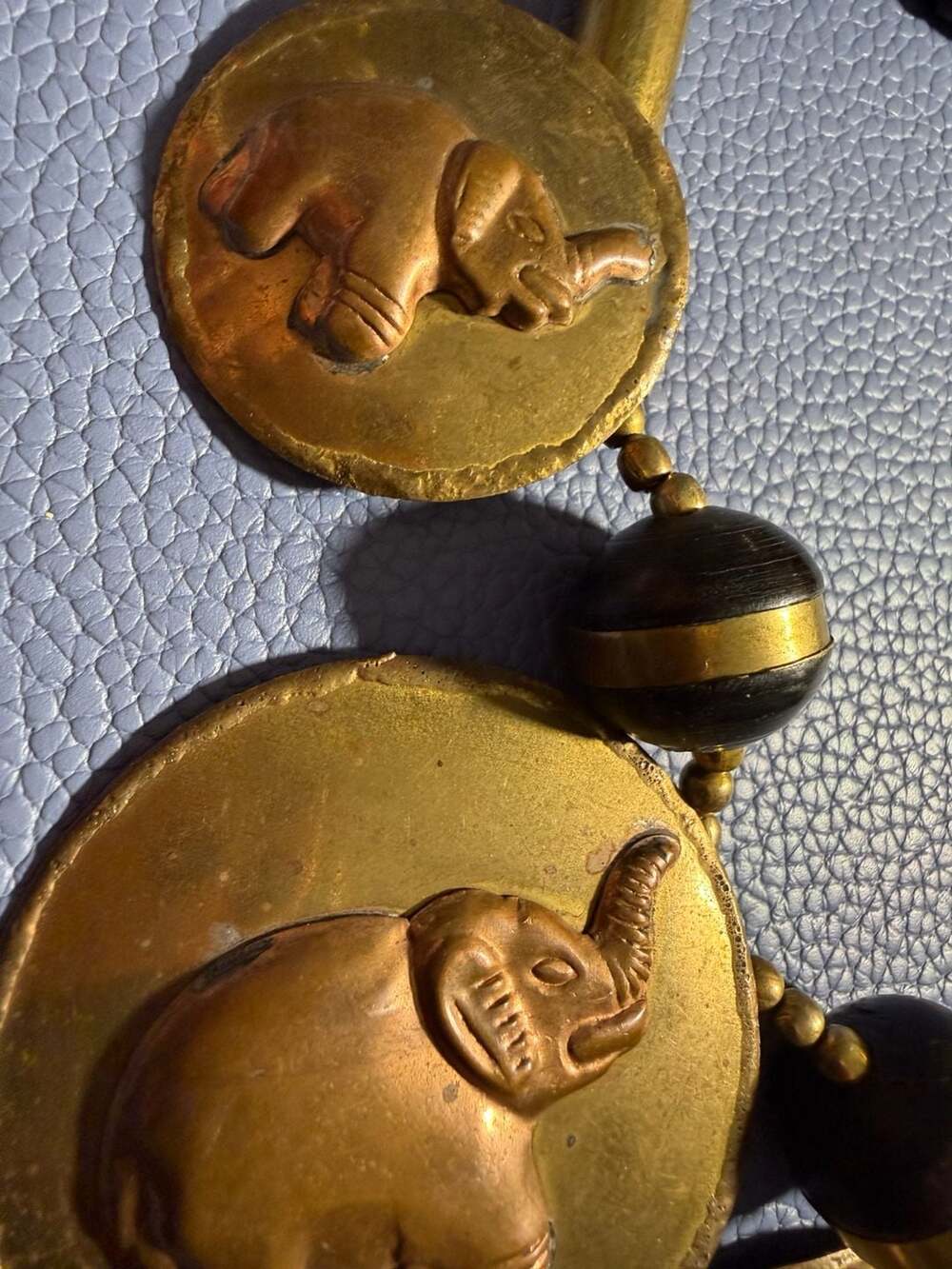 Vintage Brass and Copper Elephant Medallion Bib Necklace with Black Beads - Picture 2 of 3
